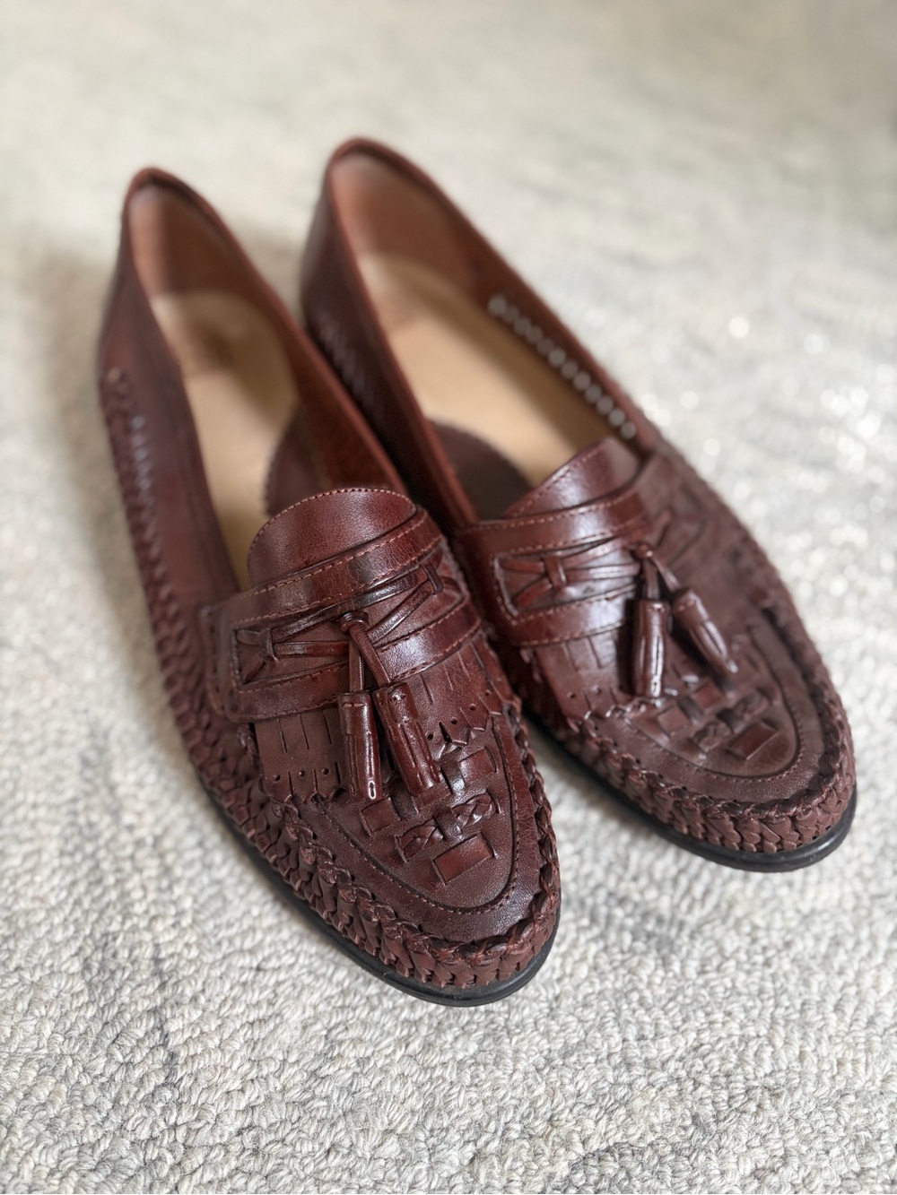 Nunn Bush Brown Woven Leather Tassel Loafers Mens 9.5M Made in Brazil